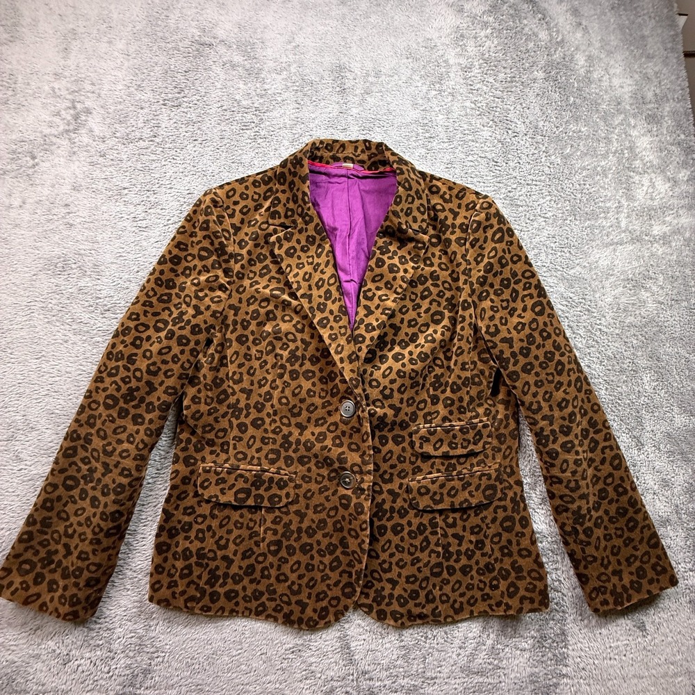 Boden Leopard Print Cotton Blazer Womens 14 Velvet Amber 2 Button Faux Pockets